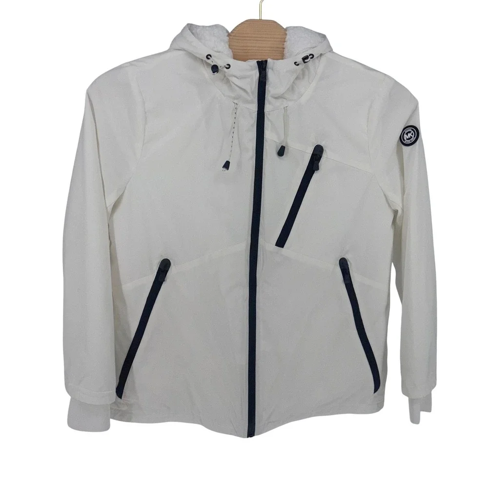 Michael Kors Hooded Windbreaker XL White Sherpa Lined Full Zip Thumbhole Jacket